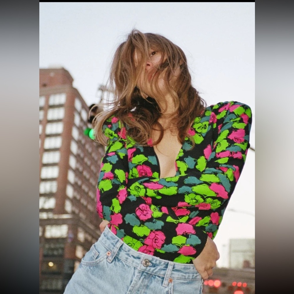 Zara Black V-Neck Bodysuit with Neon Pink & Neon Green Floral Print